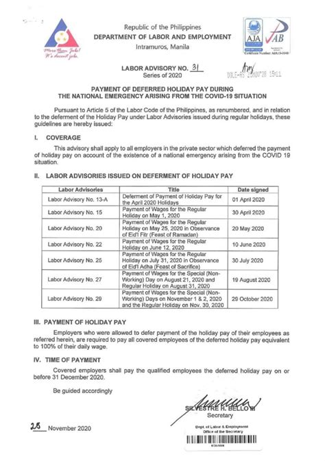 Labor Advisory No. 31.